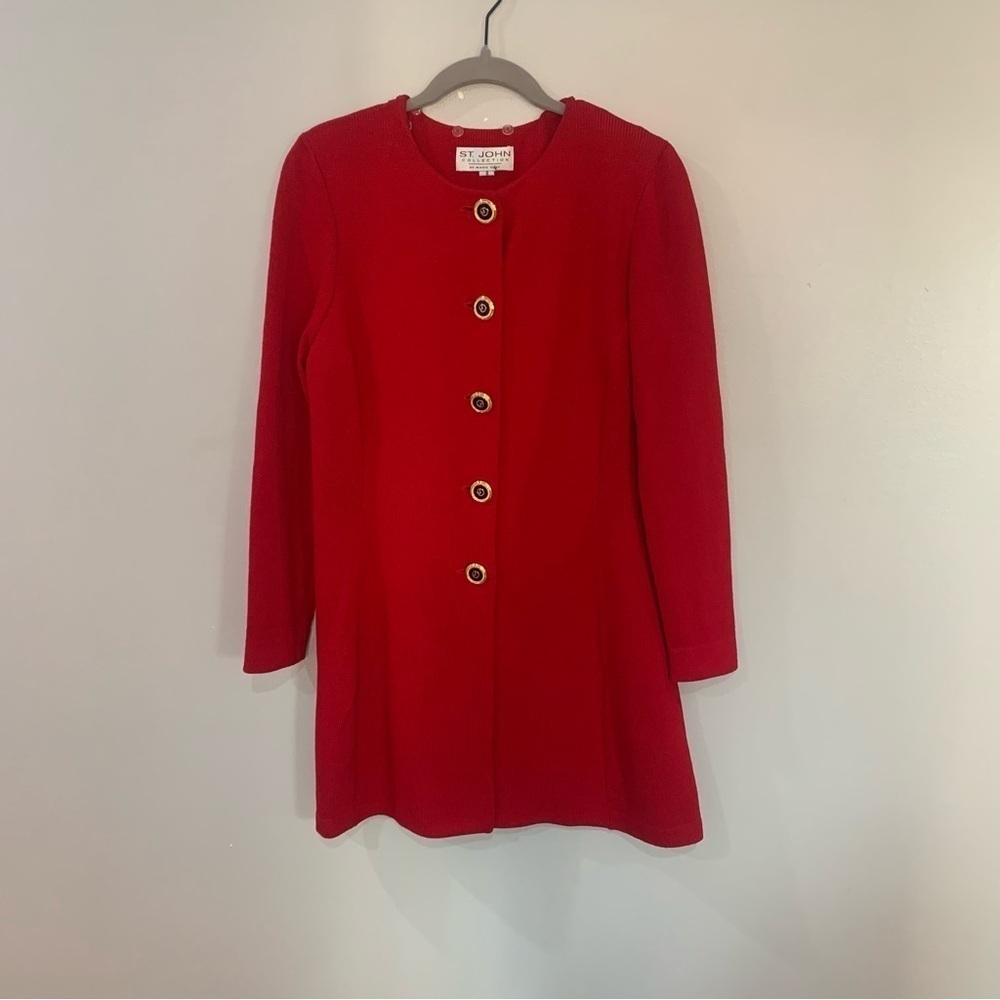 St John Cardigan Jacket Gold Button Down Long in Red - Picture 3 of 6